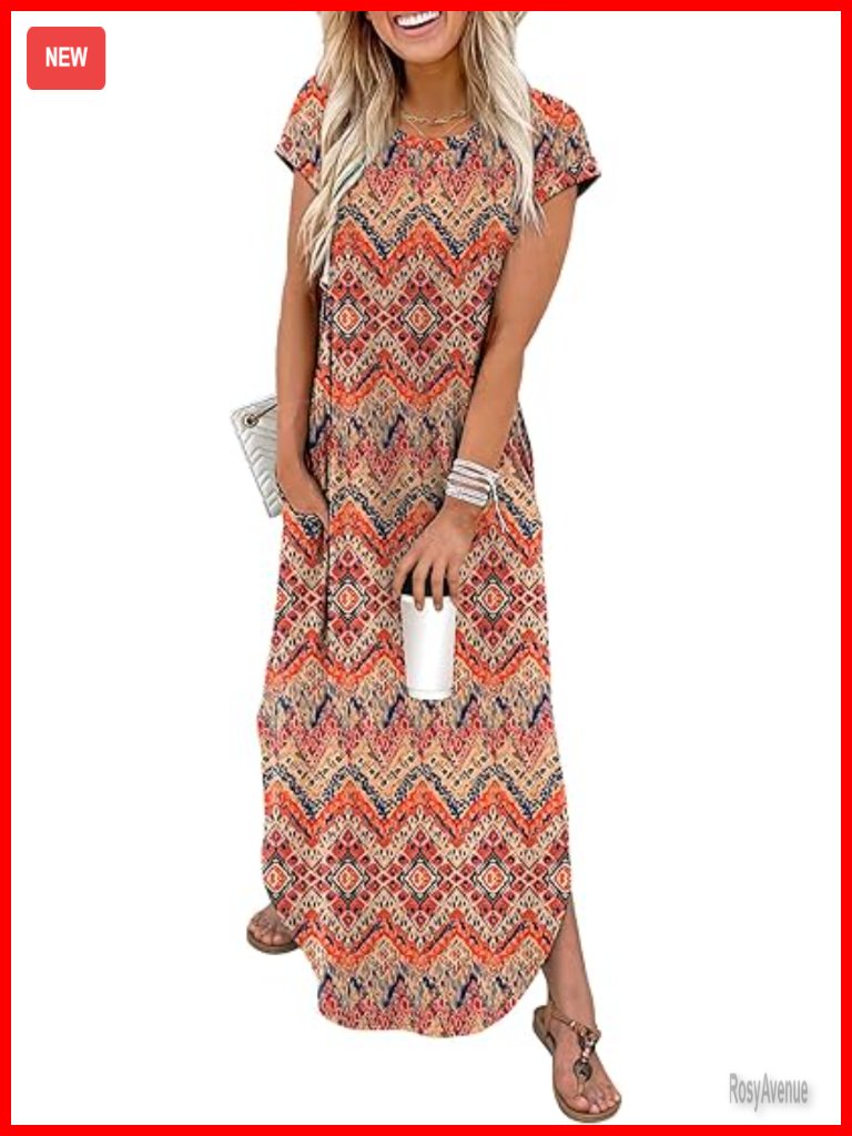 Summer Maxi Dress Cap Sleeve Crewneck Casual With Pockets Beach Vacation